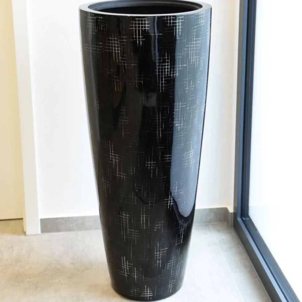 Bodenvase schwarz mit silbernem Karo Hochglanz Cosima Höhe 100 cm