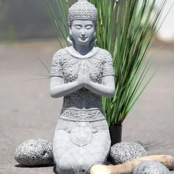 Buddha Figur groß kniend grau Höhe 68 cm