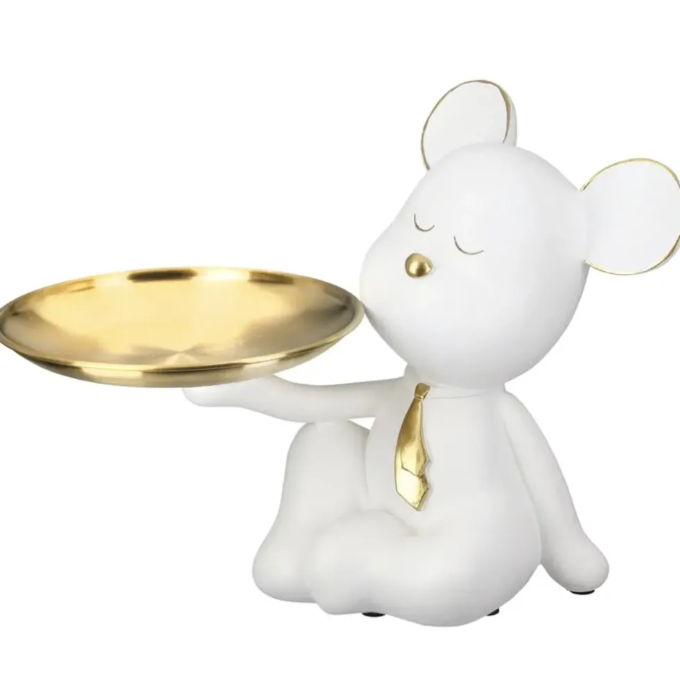 Deko Figur Bär mit Schale Bruno mit Krawatte weiß gold Höhe 19 cm