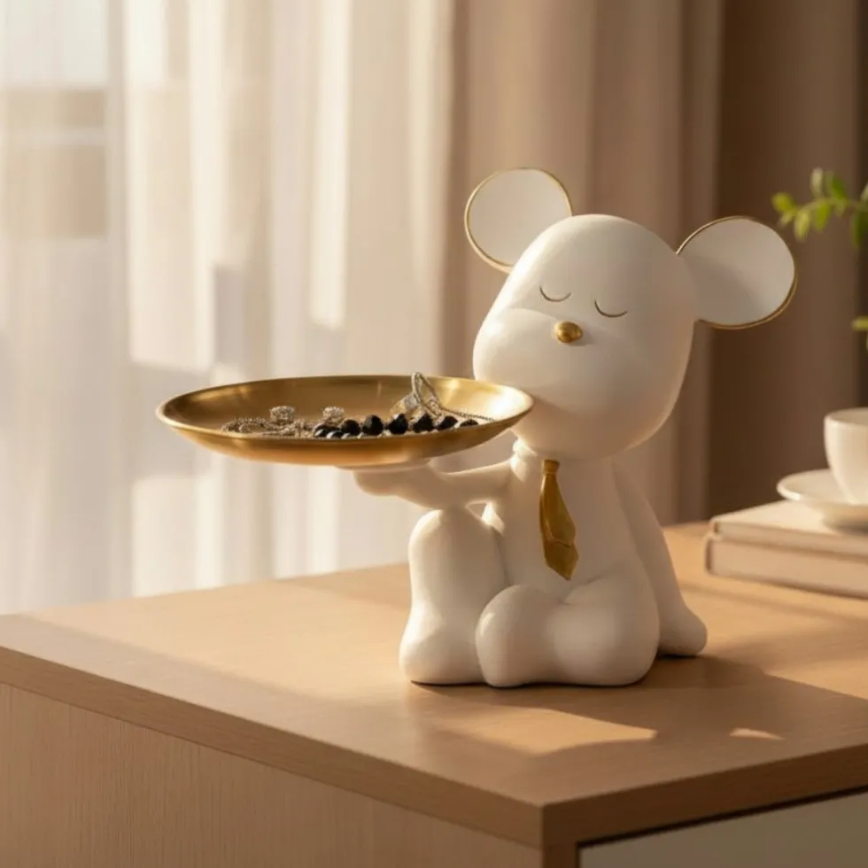 Deko Figur Bär mit Schale Bruno mit Krawatte weiß gold Höhe 19 cm