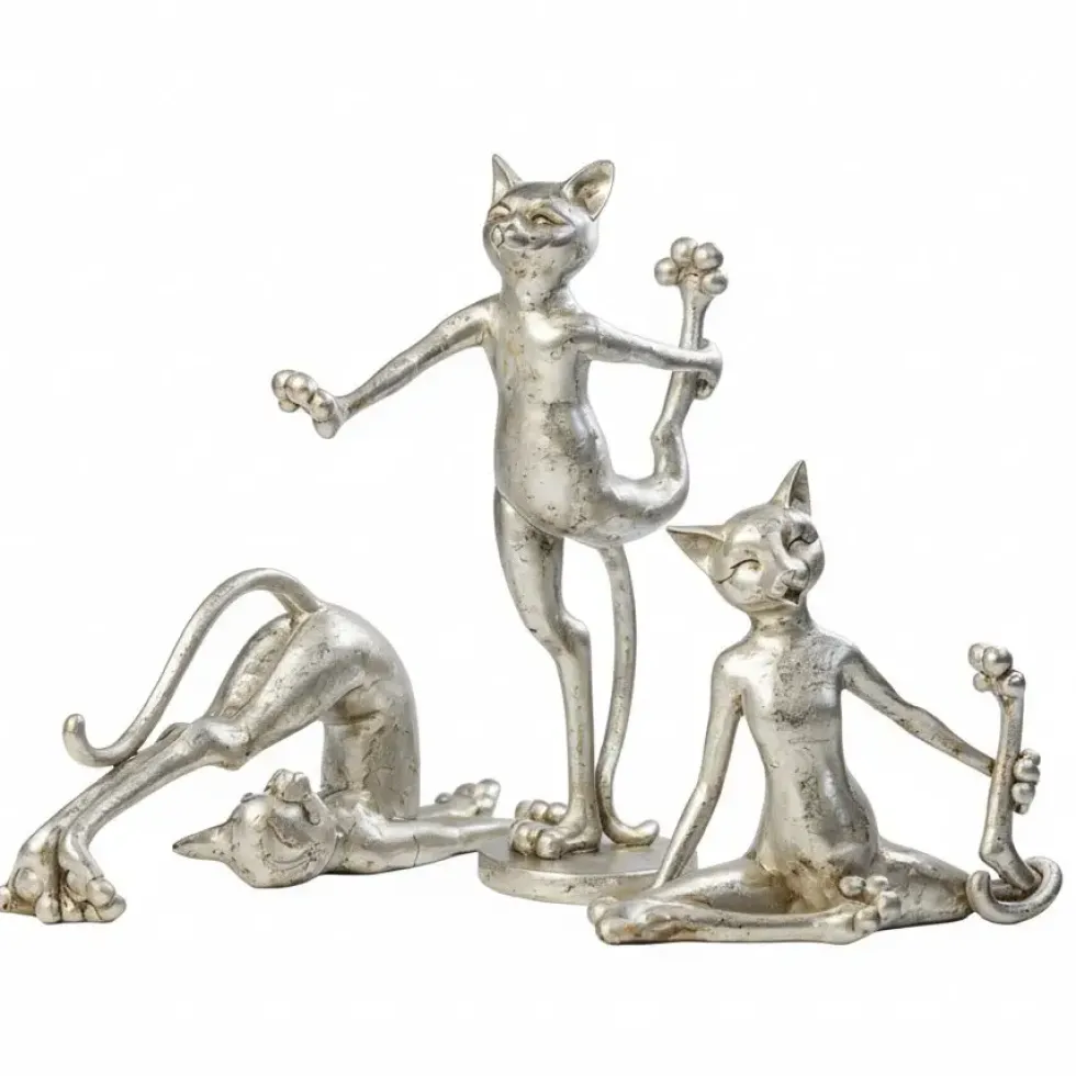 Deko Figuren Katzen Trio Cat-Aerobic silber Antikfinish