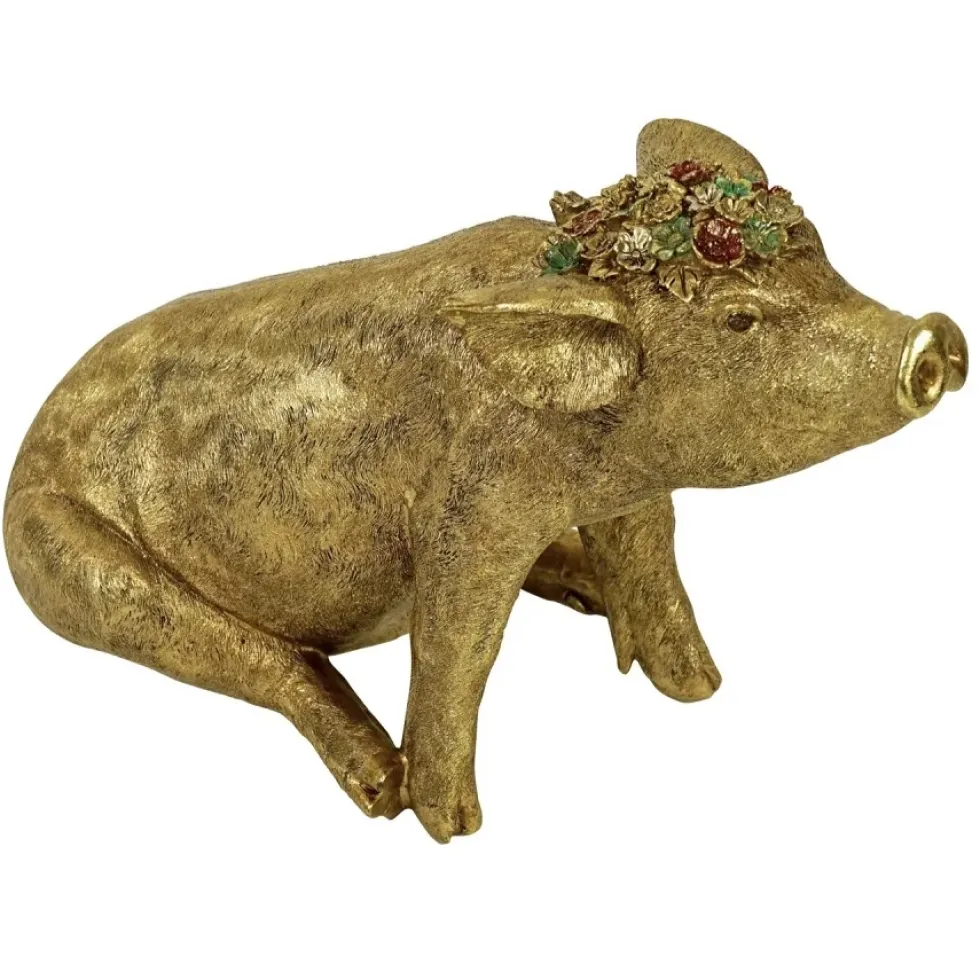 Deko Figur Schwein gold mit Blumenkranz Werner Voß