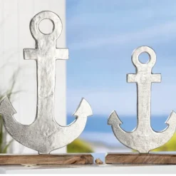 Deko Skulptur Anker silber auf Mangoholz