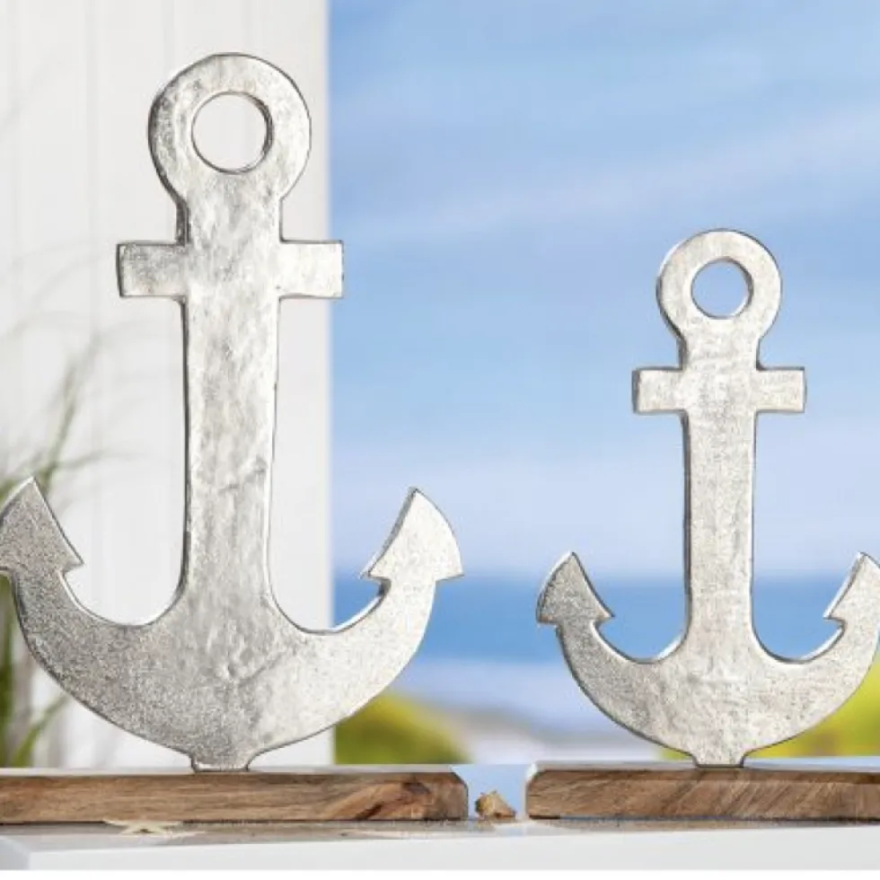 Deko Skulptur Anker silber auf Mangoholz