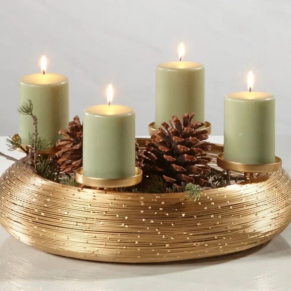 Design Metall Adventskranz Gold | Ø 40 / 50 cm | Moderner Drahtgeflecht-Kerzenhalter