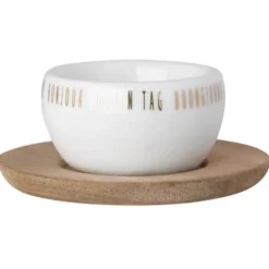 Eierbecher Porzellan weiß Räder GOOD DAY mit Holzteller H 3,5 cm