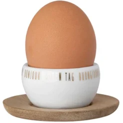 Eierbecher Porzellan weiß Räder GOOD DAY mit Holzteller H 3,5 cm