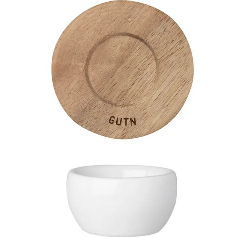 Eierbecher Porzellan weiß Räder mit Holzteller GUTN H 3,5 cm