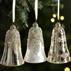 3er Set Glasanhänger Glocke gold weiß 12 cm