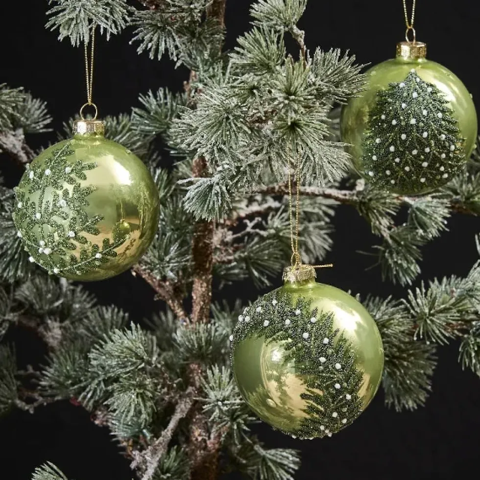3er Set Glas-Weihnachtskugel mit Motiv grün