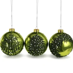 3er Set Glas-Weihnachtskugel mit Motiv grün