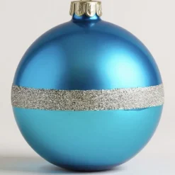 6er Set Weihnachtskugeln Glas blau Seoul mit Glitzerstreifen 8 cm