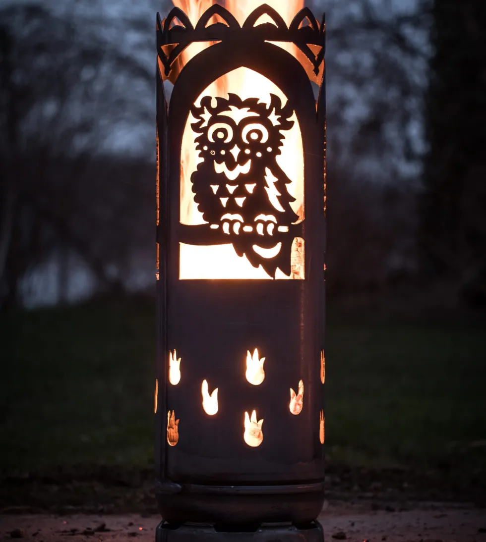 Feuertonne mit Motiv groß EULENTURM aus Stahl H 100 cm