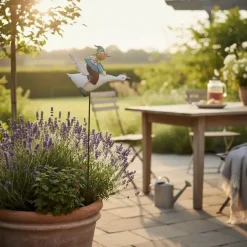 Gartenstecker Metall mit Zwerg und Vogel Höhe 122 cm