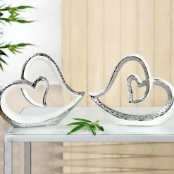 Keramik Skulptur Herz im Herzen weiß silber Höhe 20 cm