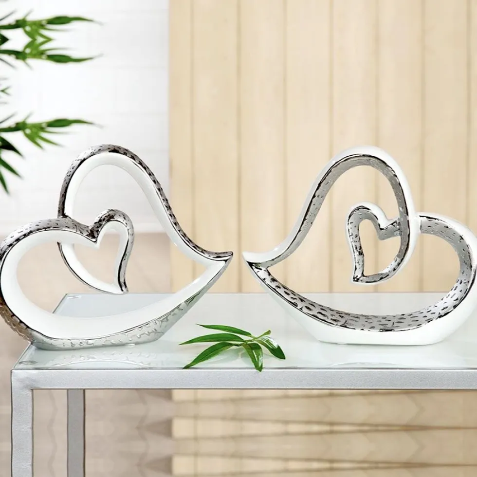 Keramik Skulptur Herz im Herzen weiß silber Höhe 20 cm