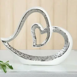 Keramik Skulptur Herz im Herzen weiß silber Höhe 20 cm