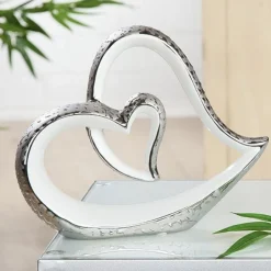 Keramik Skulptur Herz im Herzen weiß silber Höhe 20 cm