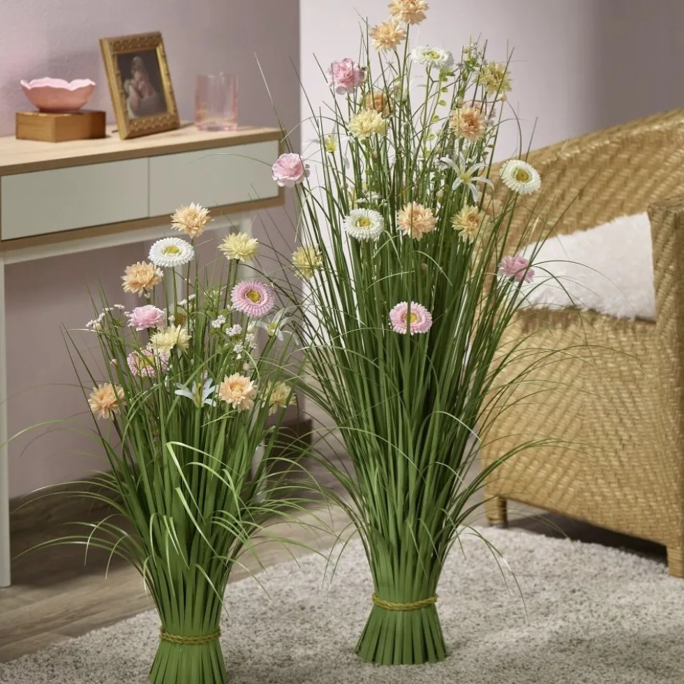 Kunstpflanze groß Grasbusch mit Blüten pastellbunt Höhe 70 cm