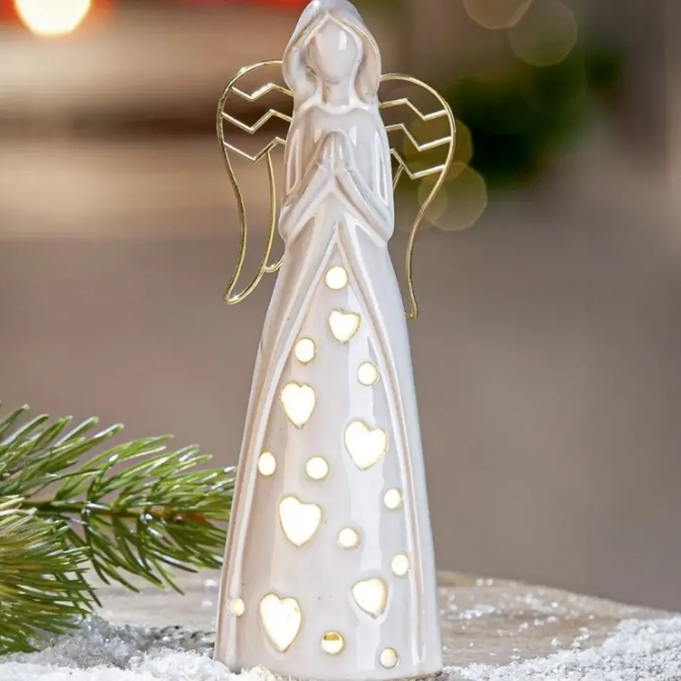 LED Porzellan Engel Figur Deko Nanto Höhe 28 cm