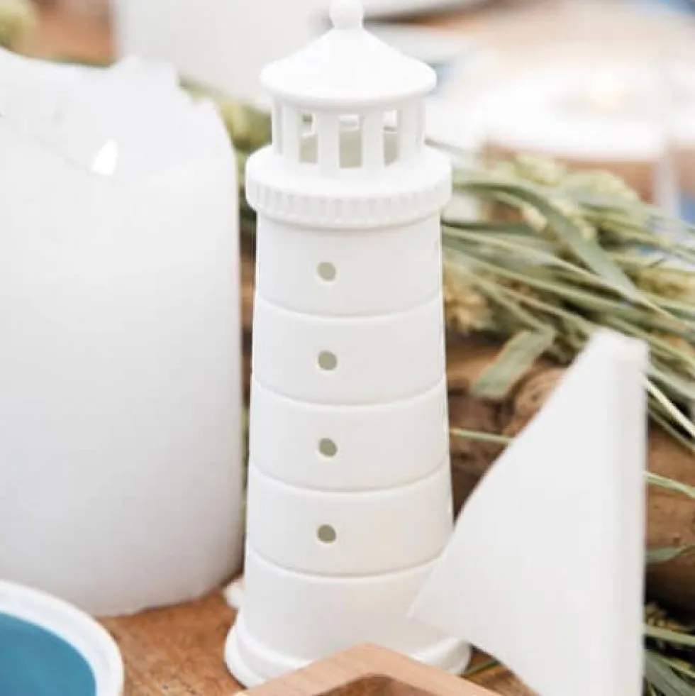 Leuchtturm Deko Räder Design weiß Porzellan Meer als Worte