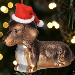 Mundgeblasener Christbaumschmuck Dackel mit Weihnachtsmütze – Edler Glas-Anhänger Braun