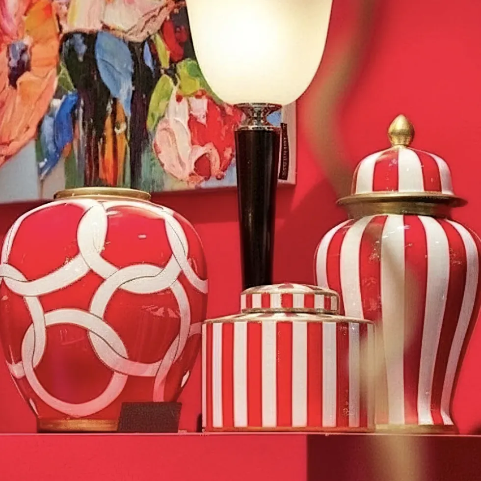 Porzellan Vase rot weiß mit Deckel von Werner Voß