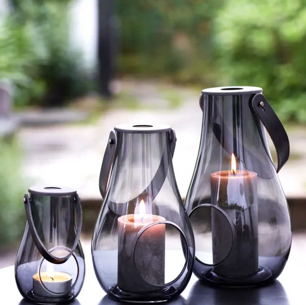 Rauchglas Laterne mit Lederhenkel smoke Höhe 16 cm