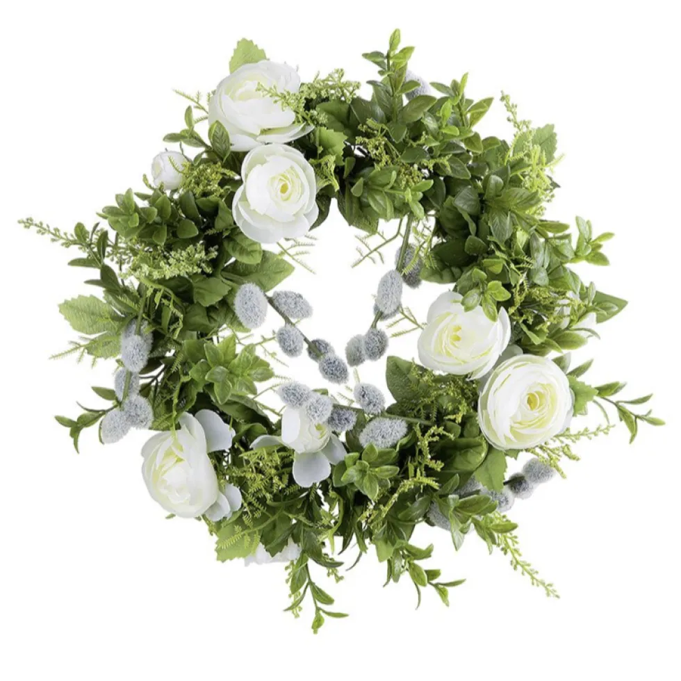 Seidenblumenkranz Ranunkeln Weidenkaetzchen creme 30 cm