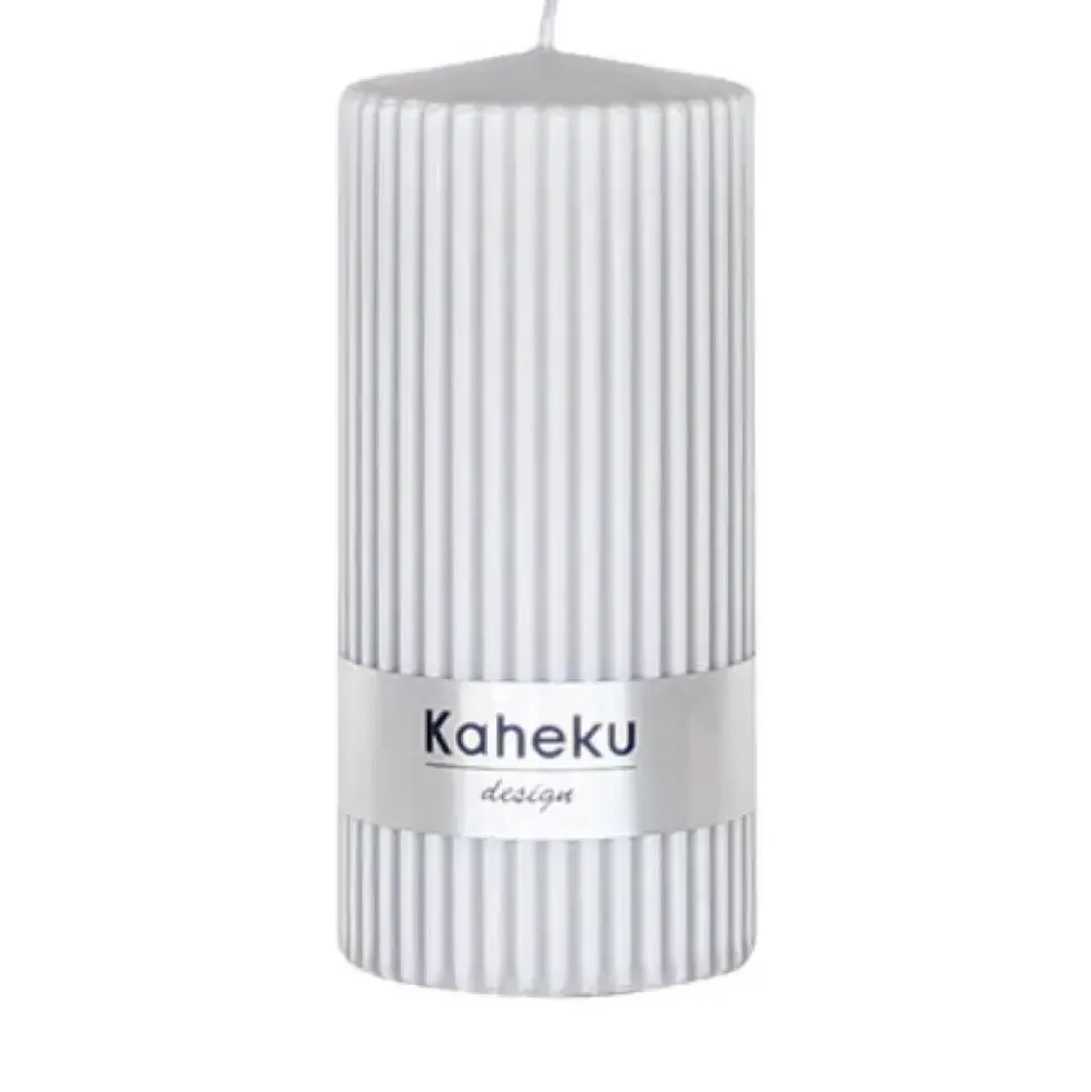 Stumpenkerze grau 4er Set Powder Kaheku Rillenstruktur 7×15 cm
