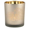 Teelichtglas Weihnachten Schrift Räder beige gold Höhe 10 cm