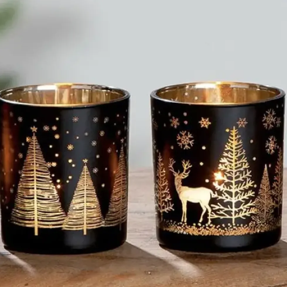 Teelichtgläser Weihnachten 2er Set Waldesruh Casablanca schwarz gold