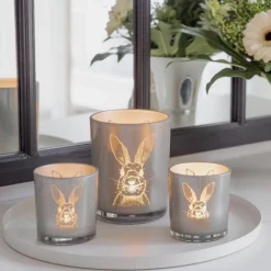 Teelichthalter Edzard Ostern Hase grau gold 2er Set