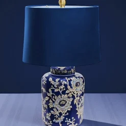 Tischlampe Keramik vintage Blue Flower H 55 cm