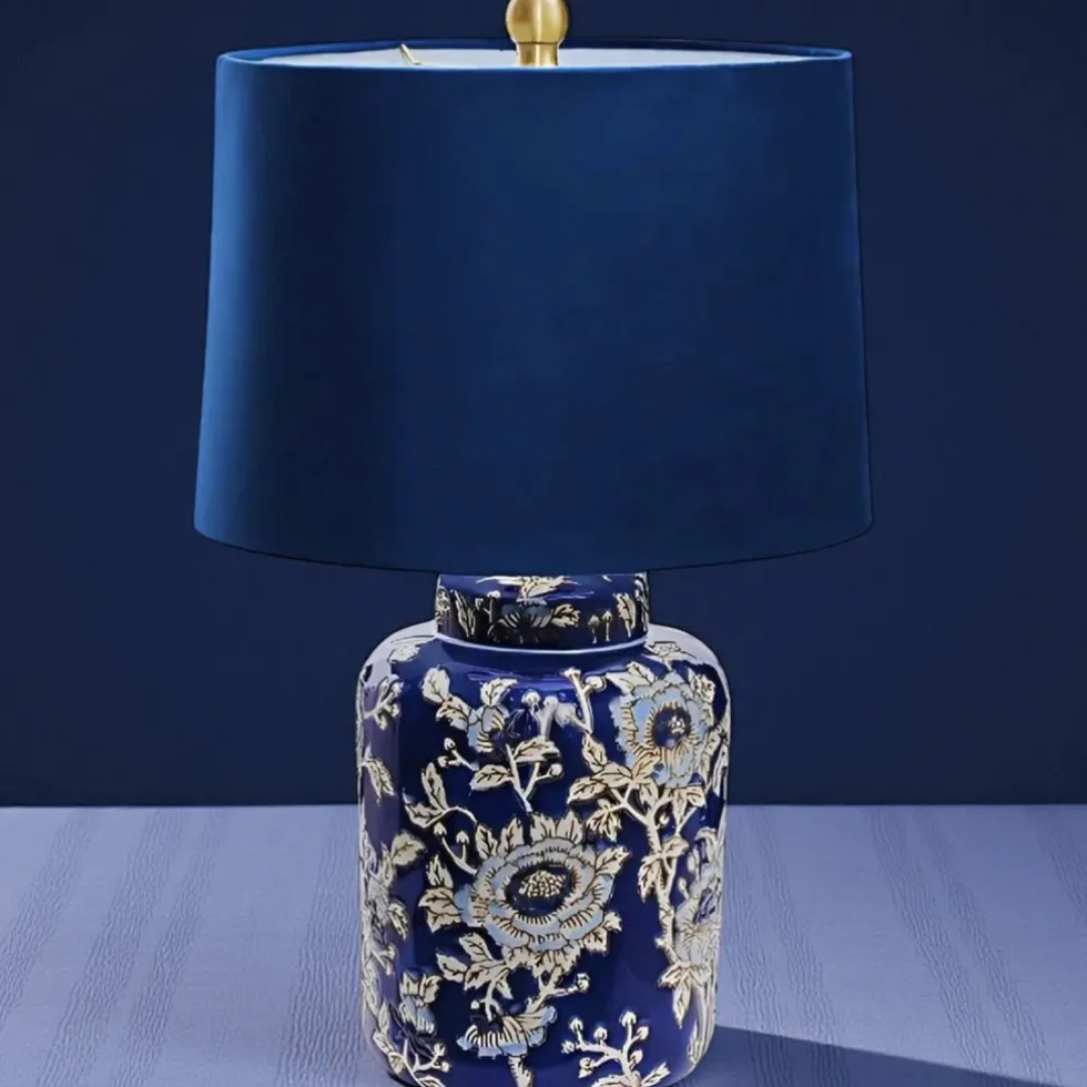 Tischlampe Keramik vintage Blue Flower H 55 cm