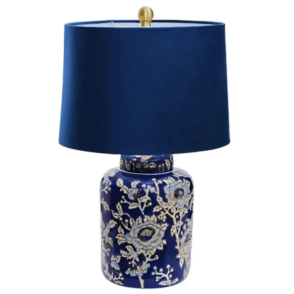 Tischlampe Keramik vintage Blue Flower H 55 cm