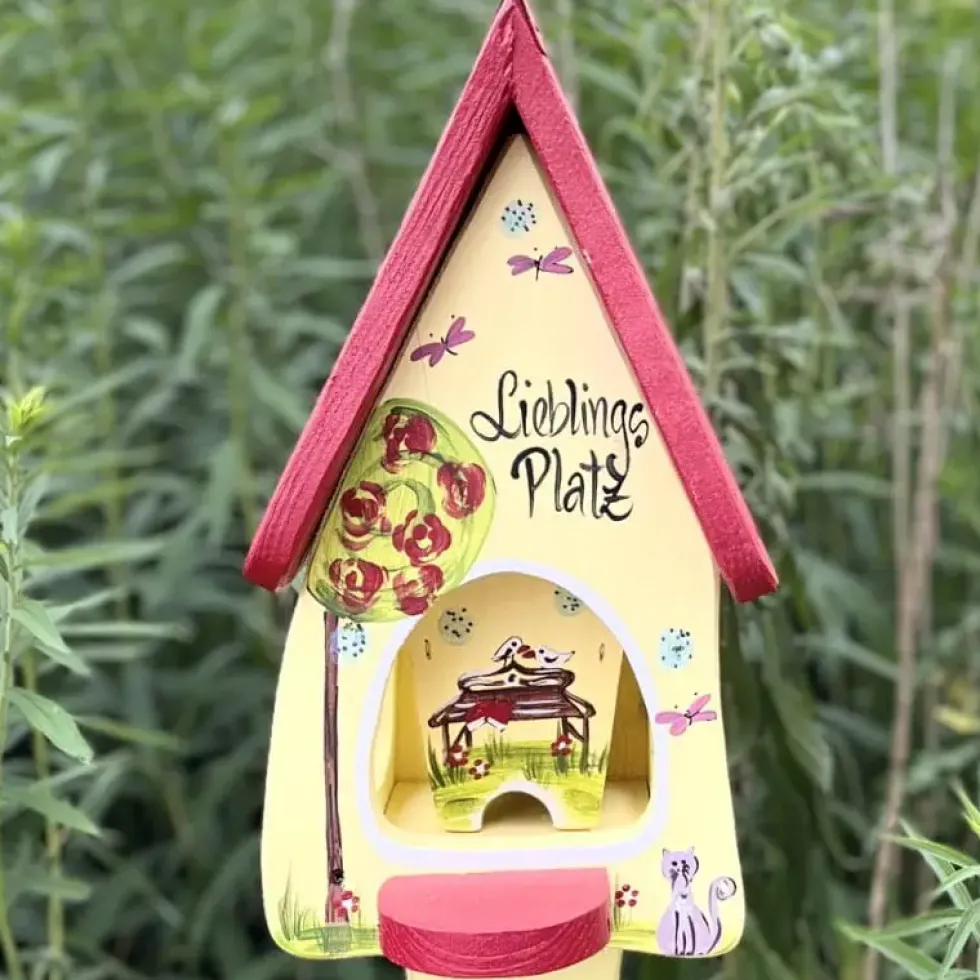 Vogelfutterhaus Handgemacht LIEBLINGSPLATZ Vogelvilla mit Ständer Höhe 33 cm