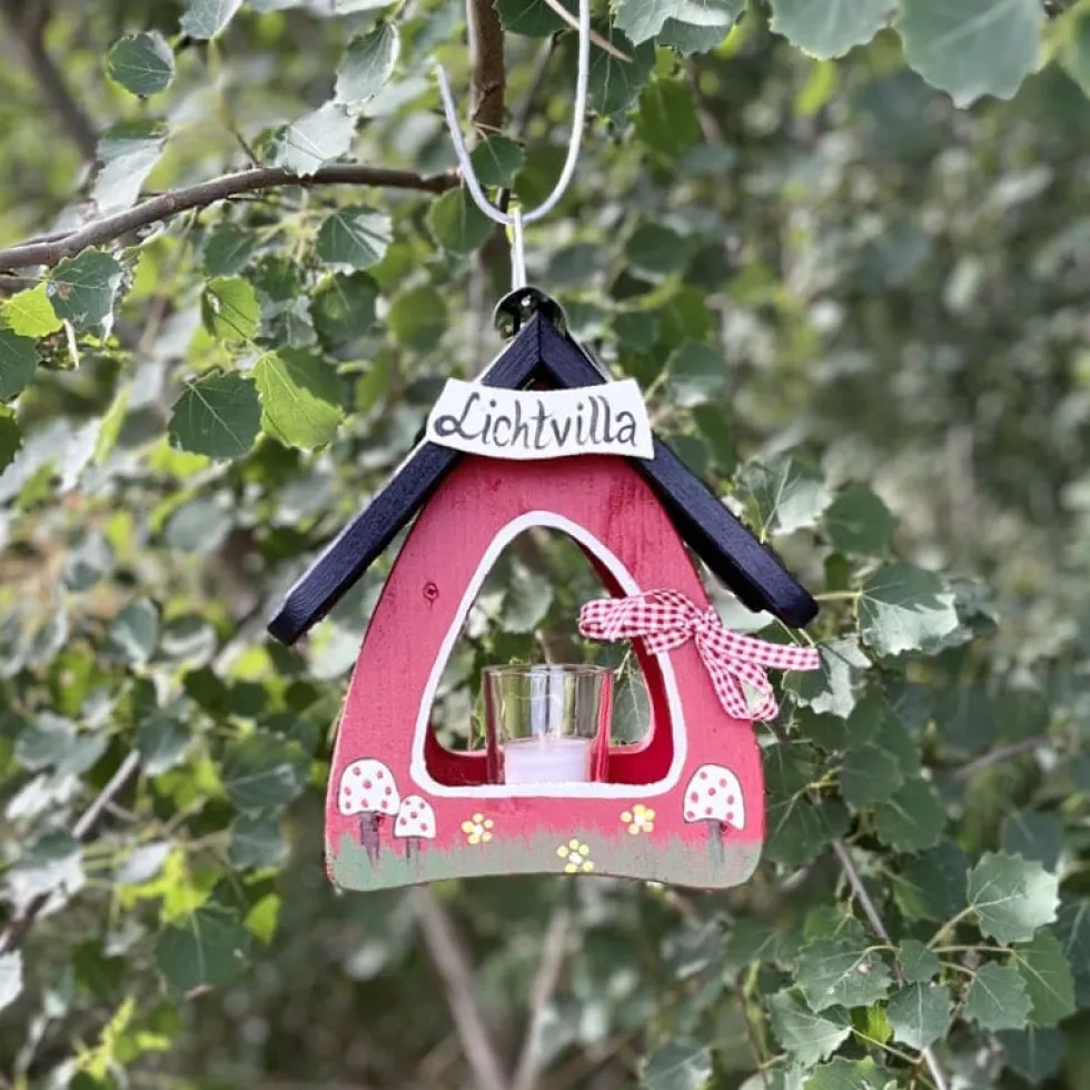 Vogelhaus handgemacht Laterne hängend LICHTVILLA rot Vogelvilla Höhe 23 cm