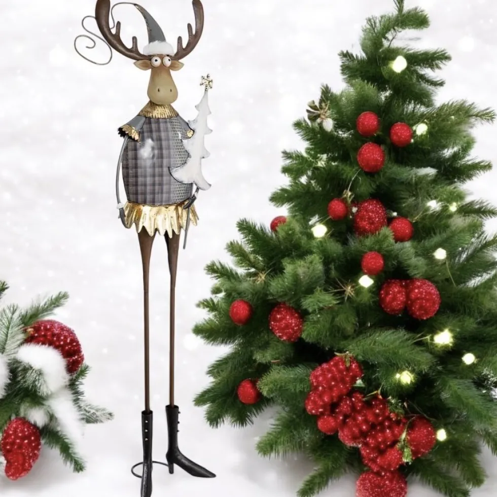 Weihnachtsfigur Metall Deko Rentier mit Baum Höhe 65 cm