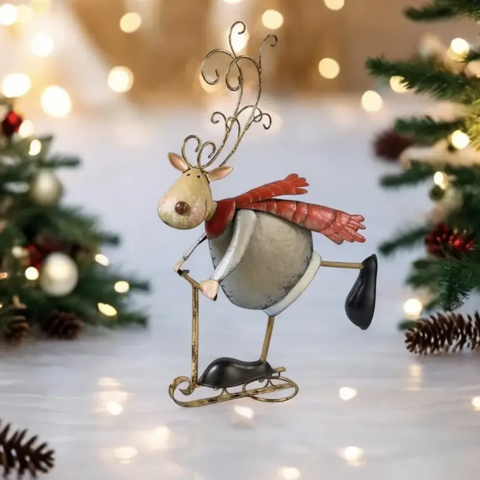 Weihnachtsfigur Metall Rentier mit Schneeroller Höhe 52 cm