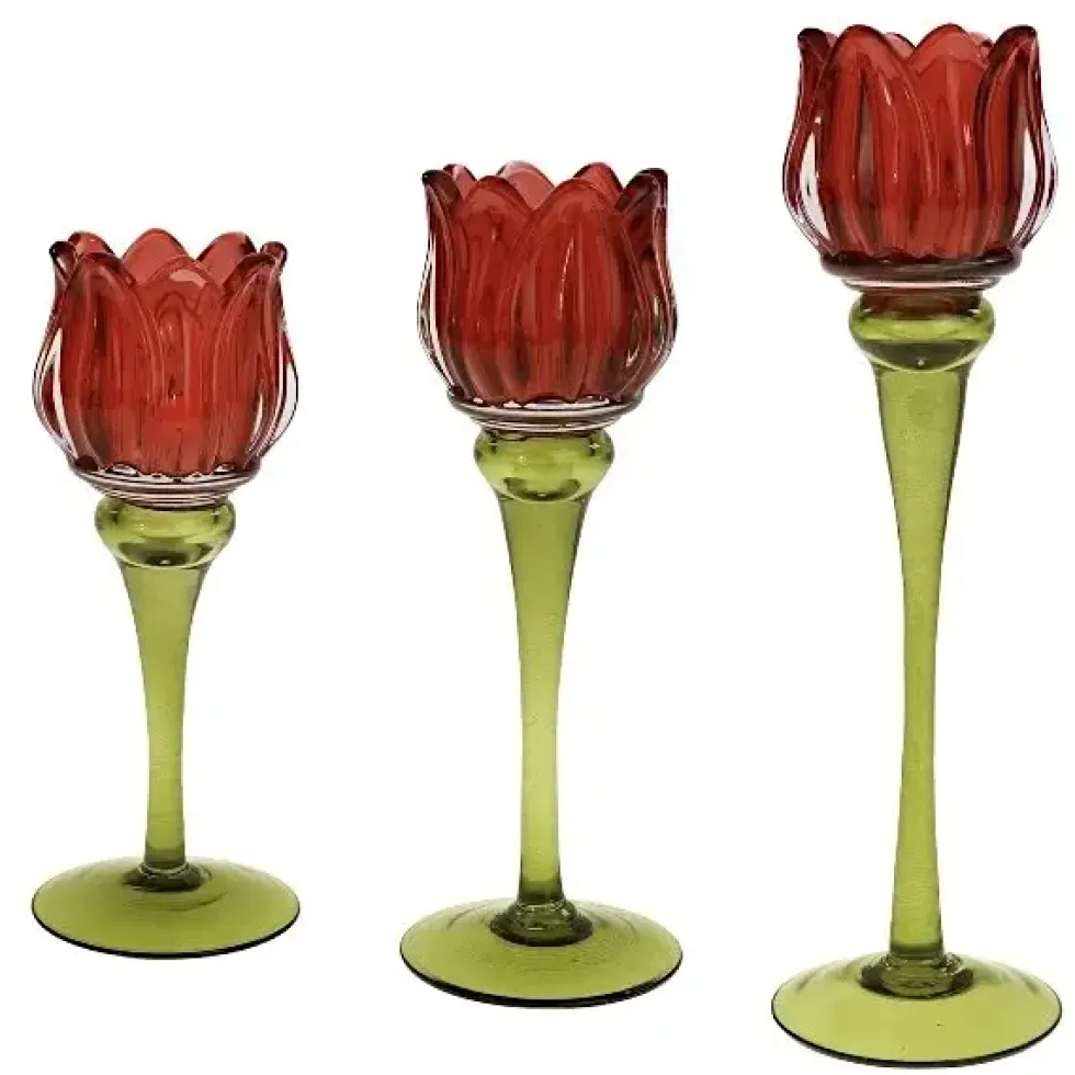 Windlicht Glas Tulpe rot/grün 3er Set