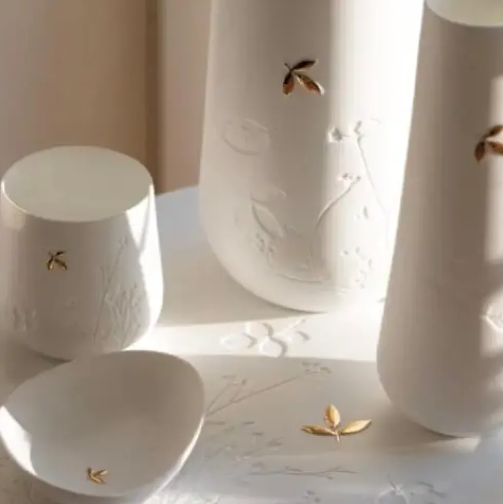 Windlicht Räder Deko Tischlicht weiß goldenes Blatt LIVING H 8 cm